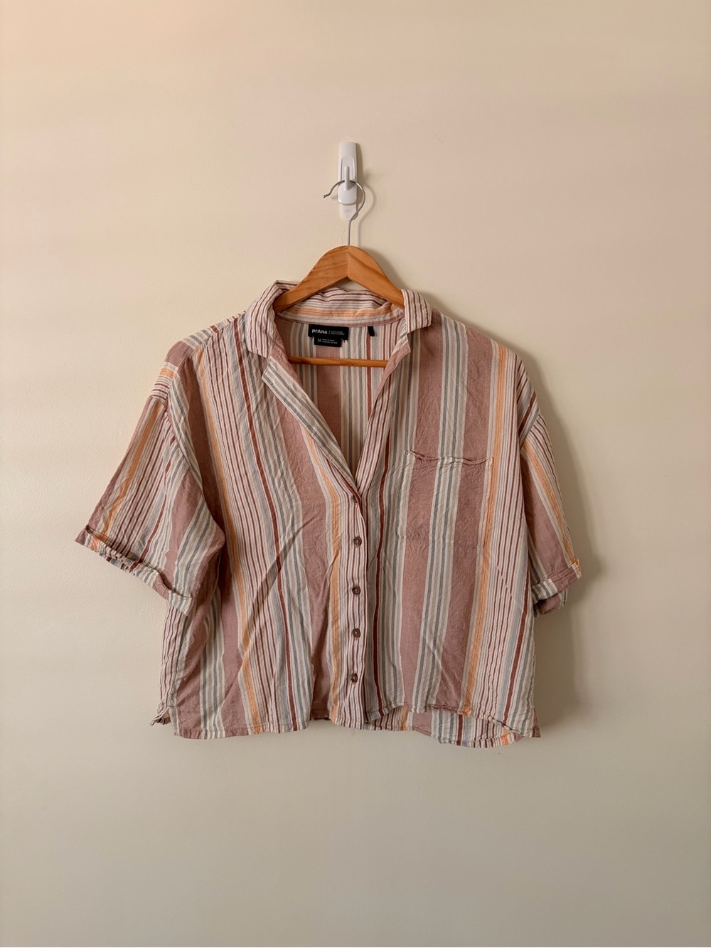 Prana Striped Button-Up Shirt in Blush, Cream, Rust, Tan